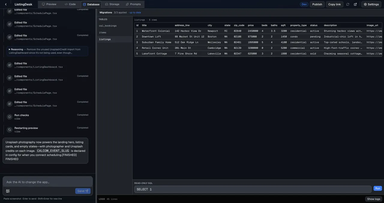 Database tab for full-stack apps beyond UI-only builders